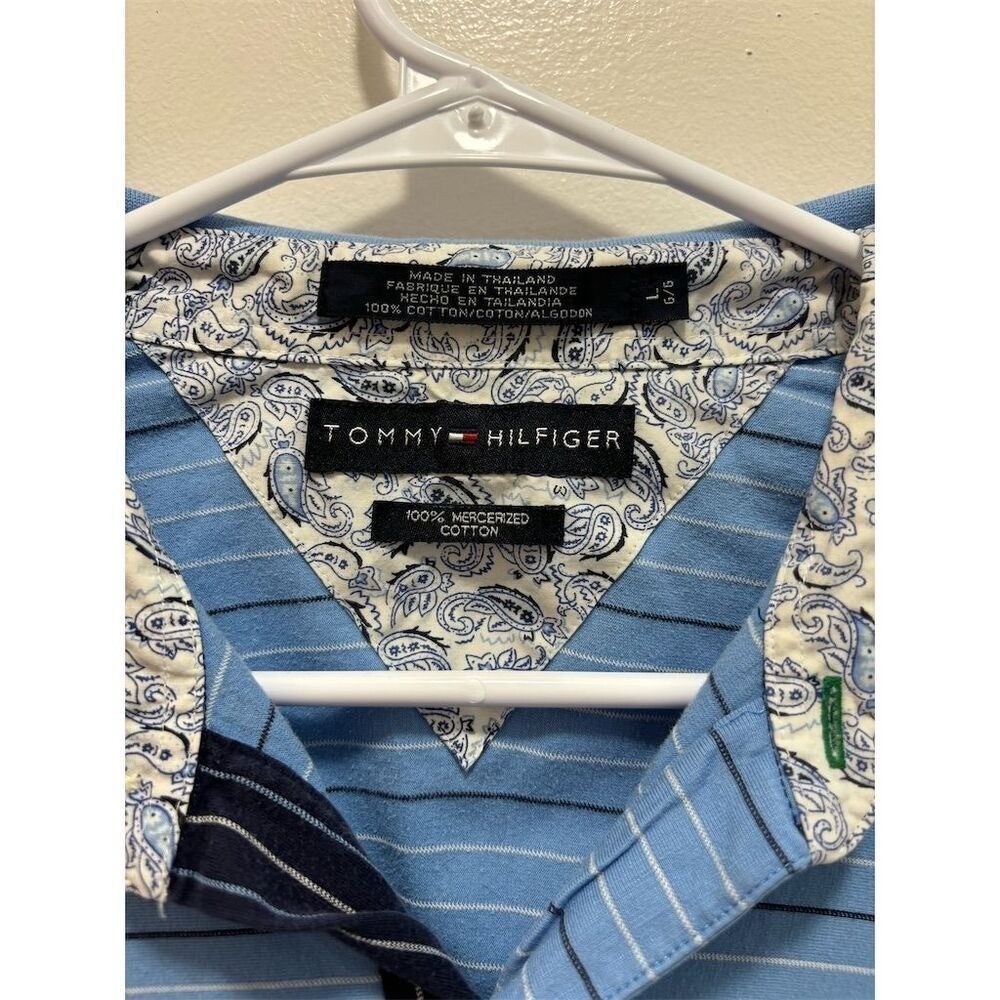 Tommy Hilfiger Vintage Polo Shirt Large Blue Striped Mercerized Cotton 90s Retro - Picture 2 of 4